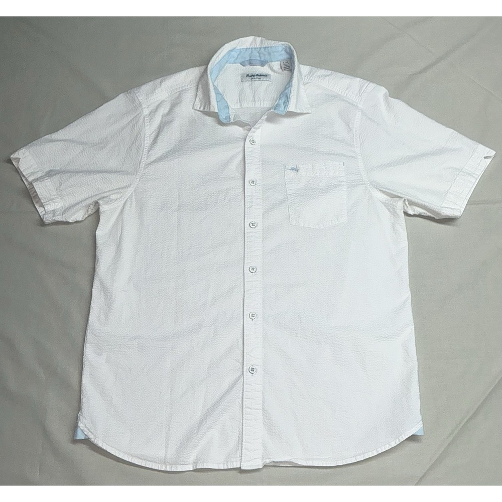Tommy Bahama Button Down Shirt Mens L White Nova Wave Seersucker Short Sleeve